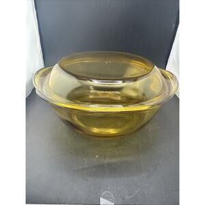 Vintage PYR-O-REY Amber Glass Casserole Dish w Lid Round Pyrex Style Corning